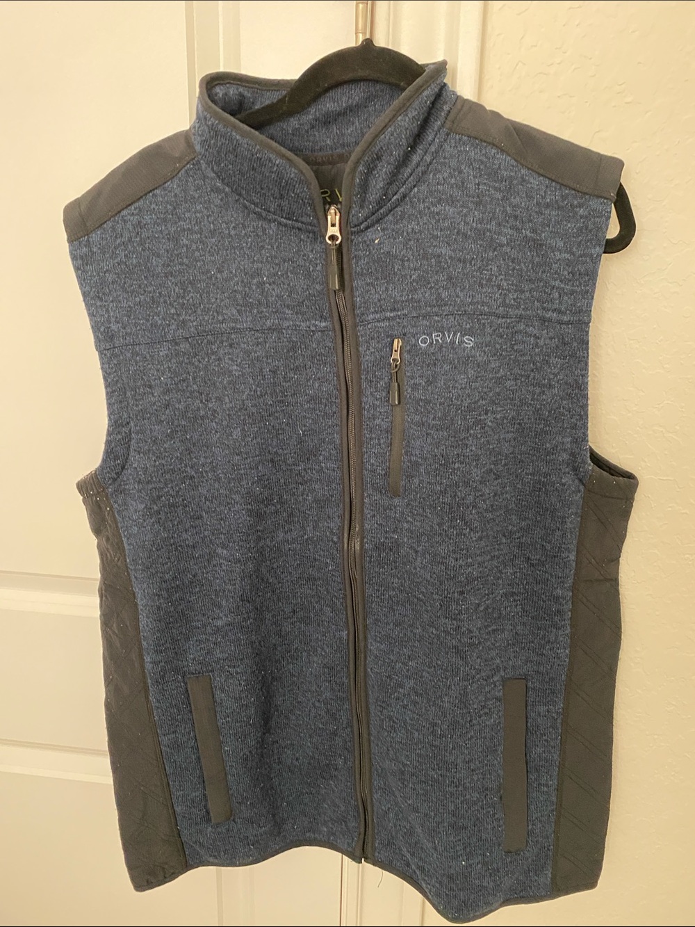 Orvis Men's Navy Blue Fleece Zip Vest with Gray Panels